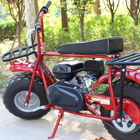 Exhaust Pipe Header Kit For 212cc Predator Non Hemi And 196cc KT196 Mini Bike Engines installed on a red mini bike outdoors