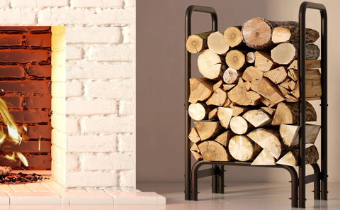 Sturdy Firewood Rack And Log Holder For Indoor Outdoor Use Heavy Duty 25mm Tubular Steel Log Storage Stack Supports Up To 400 Pounds Rustproof Black Powder Coated Firewood Organizer For Fireplace And Patio next to fireplace.