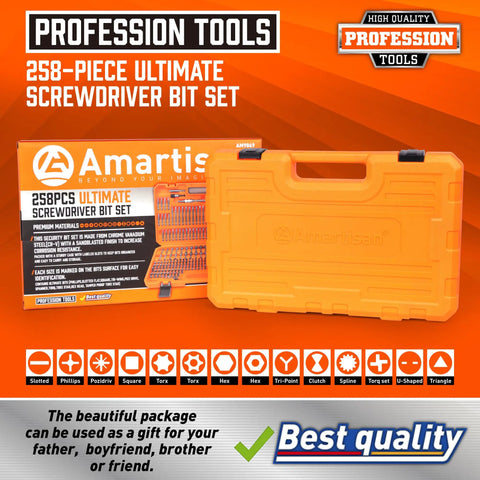258 Piece Ultimate Screwdriver Bit Set With Chrome Vanadium Bits Security Bits Nut Drivers Extensions And Bit Holder Includes Case For Home DIY And Professional Use in orange case
