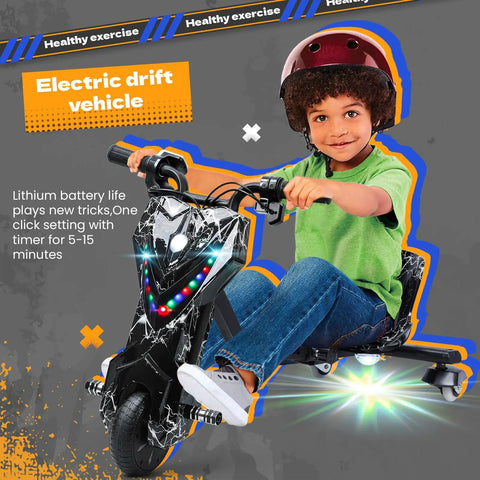 Electric Drift Trike for Kids With 3 Speed Big Wheel Ride On Tricycle for Ages 8 And Up Adjustable Seat Black And White Smooth Swerves Durable Outdoor Fun child riding black electric drift trike