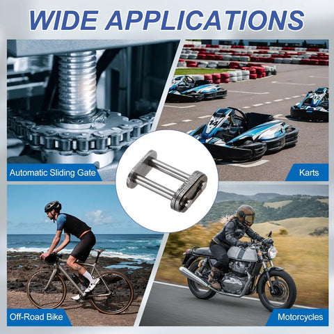 Heavy Duty ISO DIN 06B-2 Roller Chain Connecting Master Links 9.525mm Pitch Manganese Steel displayed for various applications.