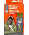 Packaging of 90 Percent Heat Reflective Emergency Blanket Beefed Up Heavy Duty For Disaster Prep Kit, showing man wrapped in blanket