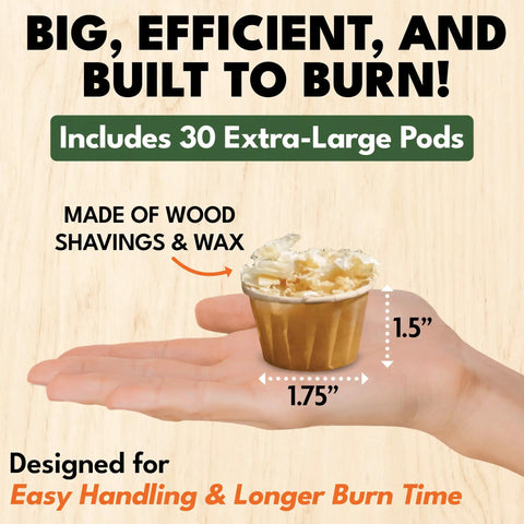 Hand holding a fire starter pod made of natural wood shavings and wax with text emphasizing its size and material.