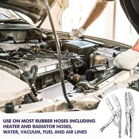 Worker using Four Pack 10 Inch Radiator Hose Clamp Pliers Set for securing automobile radiator hoses under car hood