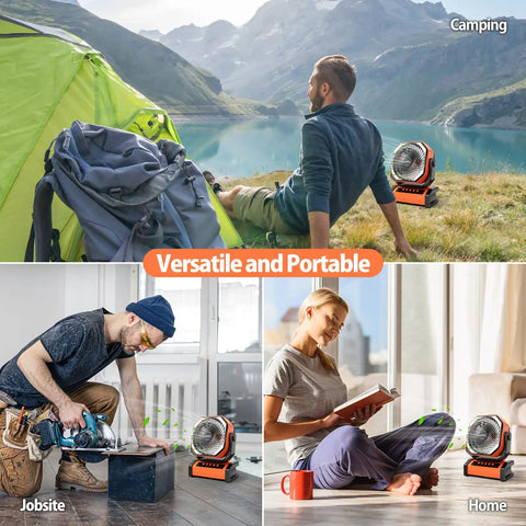 20000mAh Rechargeable Camping Fan With Built In Light And Remote shown at campsite, jobsite, and home environment