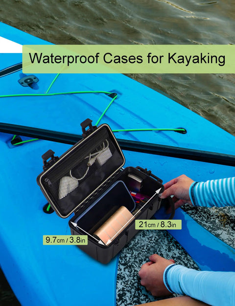 Floating Waterproof Kayak Dry Box With Stainless Steel Hinge And Mesh Pocket Airtight ABS Storage Case For Phones Keys And Boating Gear 8.8 By 4 By 3.5 Inch on kayak surface