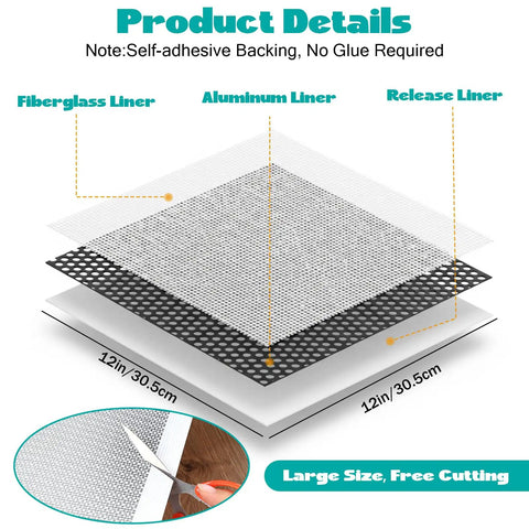 3 Piece Drywall Repair Kit For Large Holes And Cracks Self Adhesive 12 By 12 Inch Patches With Sandpaper And Scrapers Quick Patch Up For Walls Ceilings And Bathrooms showing fiberglass, aluminum, and release liner layers.
