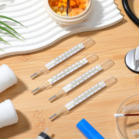 Glass Thermometer Set For Adults Four Pack Dual Scale Fahrenheit Celsius Fast Reading Old Fashioned Temperature Tools For Home Use Family Care Accurate And Reliable Temperature Testing, four glass thermometers on wood
