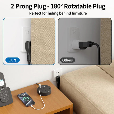 Image showing the 2 Prong To 3 Prong Outlet Adapter Power Strip With 180 Degree Rotating Plug behind furniture, compared to others.
