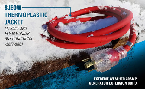 Beefy 30 Amp L14-30 Generator Extension Cord, 30ft Long, Lighted Plugs, SJEOW Insulation in snow, flexible to -58F
