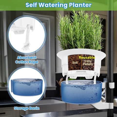 Indoor Hydroponics Tower Grow Kit With LED Grow Light showing self-watering planter with storage basin and cotton rope detail