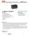 Irm-10-12 Tiny 10W 12V AC to DC PCB Mount Module Power Supply, showing black casing and product specifications.