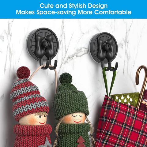 Double Cat Suction Cup Hooks 4 Pack Heavy Duty Wall Holders With Rock Solid Vacuum Grip For Bathroom Shower Towels Coats Waterproof Matte Silver Total Life Hack For Zero Fuss Hanging with decorative hats and a bag.