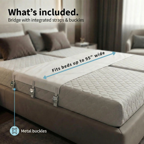 Twin To King Bed Converter Bridge Serving As A Split King Gap Filler With Heavy Duty Straps And Steel Buckles to secure two mattresses.