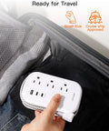 Ultra Flat Power Strip With 3 Outlets And 3 USB Ports Including 2 USB C, 3.2ft Wrapped Extension Cord packed in a suitcase