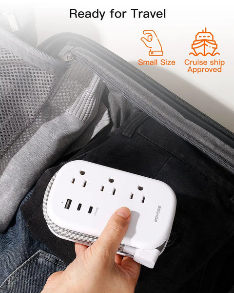 Ultra Flat Power Strip With 3 Outlets And 3 USB Ports Including 2 USB C, 3.2ft Wrapped Extension Cord packed in a suitcase