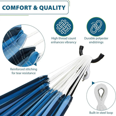 Cozy Double Cotton Hammock With Space Saving Steel Stand For Two People, 450 Lb Capacity, Upgraded Polyester End Strings.