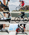 Collage of Ride Ready Aluminum Bike Pedals With Toe Cages in use on various bikes, showing versatility on different terrains and setups.