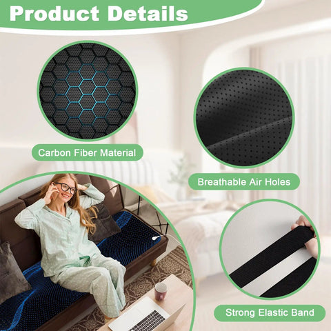 Woman relaxing on Grounding Bed Mat For Sleep And Recovery 54x78 Inch with carbon fiber PU leather and breathable air holes.