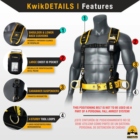Beaver Tail Safety Belt Kit For Linemen And Ironworkers, showing harness features like large chest ID pocket, cushioned back.