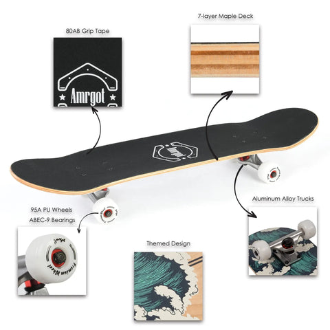 31x8 Inch Complete Skateboard For Beginners And All Ages Dope 52mm 95A Wheels With ABEC-9 Bearings 7 Layer Maple Deck Double Kick And Medium Concave Ideal For Tricks And A Smooth Ride with diagram labels.