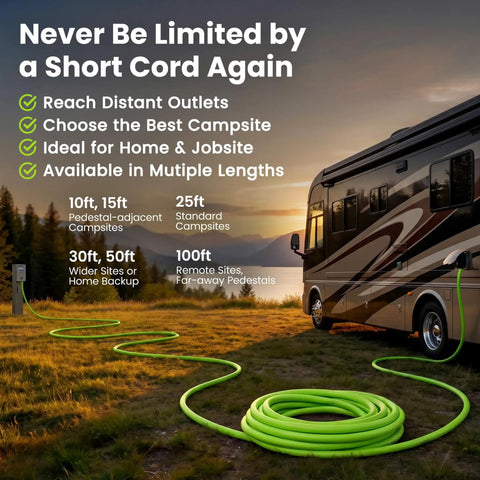 30 Amp RV Power Cord 100 Ft Heavy Duty Waterproof TT-30P To TT-30R Extension Cable For Campers And Travel Trailers Reaches Any Pedestal At Campgrounds No Adapters Needed, green RV hookup