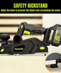No-Fuss 20V Cordless Wood Planer With Included 4Ah Battery, features a safety kickstand to prevent blade scratches.