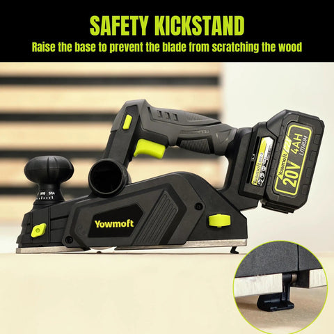 No-Fuss 20V Cordless Wood Planer With Included 4Ah Battery, features a safety kickstand to prevent blade scratches.