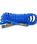 25 Foot Coiled Air Hose 3/8 Inch ID With Reusable 1/4 Inch NPT Brass Fittings, Quick Connect AMT Style Coupler And T Style Automotive Plug