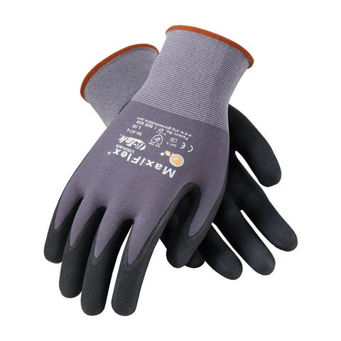 Seamless Knit Nylon Glove With Nitrile Coated Micro Foam Grip On Palm And Fingers For Dry Environments, Breathable Comfort, Continuous Knit Wrist Prevents Dirt, Precision Handling, Gray And Black Dozen Pack