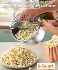 Heavy Duty Six Quart Stovetop Popcorn Popper With Sturdy Wooden Handle Quick Even Heat Distribution For Damn Good Tailgate Munchies And Weekend Couch Potato Movies pouring fresh popcorn into a bowl.