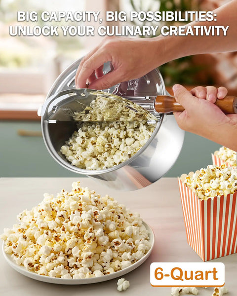 Heavy Duty Six Quart Stovetop Popcorn Popper With Sturdy Wooden Handle Quick Even Heat Distribution For Damn Good Tailgate Munchies And Weekend Couch Potato Movies pouring fresh popcorn into a bowl.