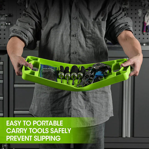 Person holding Flexible Tool Tray Set Three Piece Silicone Tool Holder For Mechanics Heat And Chemical Resistant Organizer