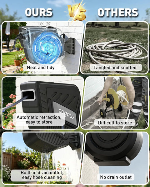 Comparison of Wall Mount Retractable Garden Hose Reel With One Half Inch By One Hundred Foot Hose, Slow Auto Rewind, Any Length Lock, Brass Fittings, 180 Degree Swivel, Ten Pattern Nozzle, Drain Outlet For Outdoor Yard And Lawn versus others showing neat storage, automatic retraction, and built-in drain outlet.