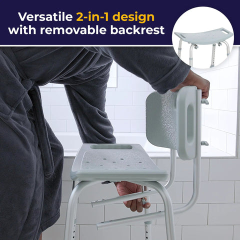 Person adjusting Shower Chair With Back Support For Safe Easy Bathing In The Tub. Backrest removal feature visible.