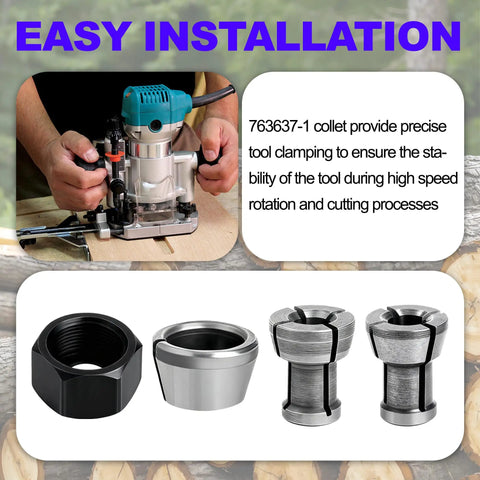 Collet Nut Kit Replacement For Makita Tools Fits One Quarter Inch And 6mm Collets, installation and parts shown.