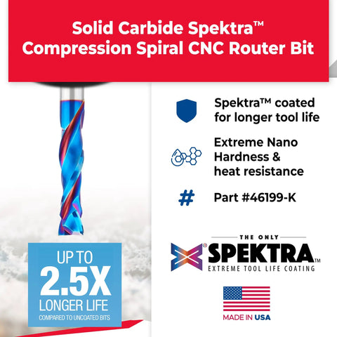 Spektra Extreme Tool Life Coated Solid Carbide CNC Compression Spiral Router Bit One Half Inch Diameter, image with logo and specs