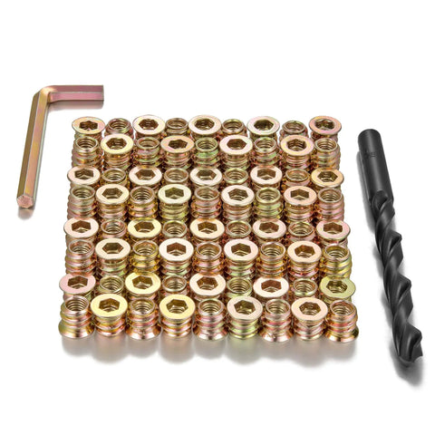 160 Pieces Heavy Duty Threaded Inserts For Wood Furniture Restoration Includes 9mm Twist Drill And Hex Wrench kit with hex key and drill bit.