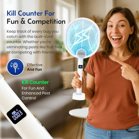 Woman holding 2 In 1 Electric Bug Zapper And Indoor Fly Swatter with Rechargeable Mosquito Zapper High Voltage Killer and UV Light Trap