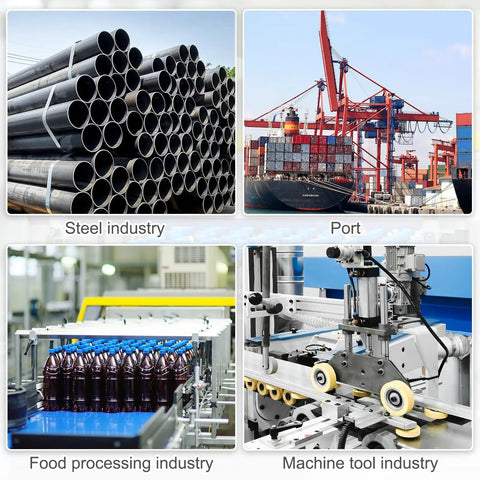 Industrial sectors including steel, port, food processing, and machine tool industries, illustrating diverse proximity sensor applications.