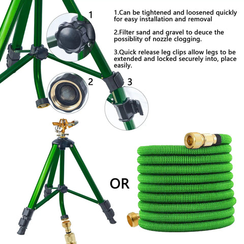 Impact Sprinkler With Tripod Base For Lawn And Garden, Pro Grade 360 Degree Coverage, Heavy Duty Brass Sprinkler Head; extension legs