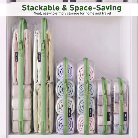 Clear Hard Shell Zipper Case And Mini Pouch Set To Keep Your Daily Stash Organized With Tough Rigid Construction And Slick Stackable Design For Hassle Free Travel Packing And Easy Access Without Ever Messing Up Bags displayed in a white shelf with stacked contents.