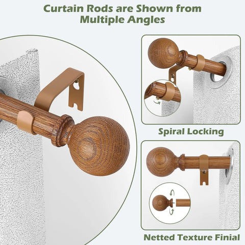 Two Pack Imitation Wood Grain Curtain Rods With Ball Finials, Adjustable 1 Inch Diameter Rails For 28 to 48 Inch Windows