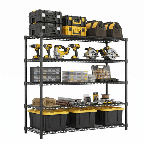 Tough As Nails Rock Solid Heavy Duty Metal Storage Rack Five Tier Wire Shelf With Rust Resistant Carbon Steel Construction For Garage And Warehouse Shelving Unit Holding Up To Three Thousand Two Hundred Pounds filled with tools and storage boxes.