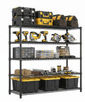 Heavy Duty Wire Shelving Rack With Five Tier Carbon Steel Build And 640 Pound Load Rating storing tools and bins in a garage.