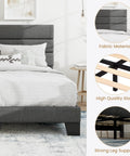 Full Platform Bed Frame With Upholstered Fabric Headboard In Grey Featuring Dense Foam Padding And Breathable Polyester For Super Comfy Nights and strong leg support with high-quality slats.