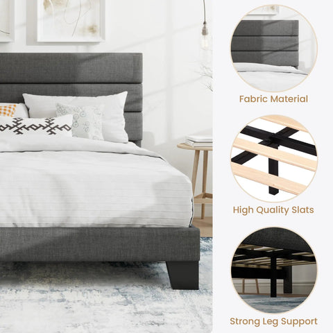 Full Platform Bed Frame With Upholstered Fabric Headboard In Grey Featuring Dense Foam Padding And Breathable Polyester For Super Comfy Nights and strong leg support with high-quality slats.