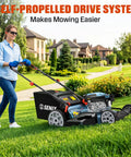 22 Inch 201cc Gas Lawn Mower With 3 In 1 Mulch Side Discharge Rear Bag Rear Wheel Self Propelled Drive Up To 2.9 MPH 4.7 HP OHV Engine That Cuts Like A Boss. self-propelled mower on a grassy lawn