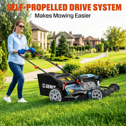 22 Inch 201cc Gas Lawn Mower With 3 In 1 Mulch Side Discharge Rear Bag Rear Wheel Self Propelled Drive Up To 2.9 MPH 4.7 HP OHV Engine That Cuts Like A Boss. self-propelled mower on a grassy lawn