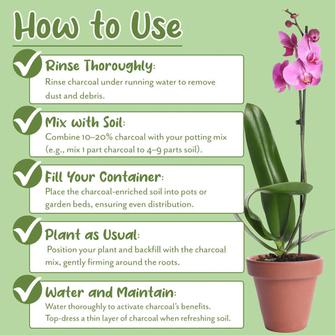 Care instructions for using Hardwood Charcoal Soil Additive For Indoor Plants 2 Quarts with image of pink orchid in pot